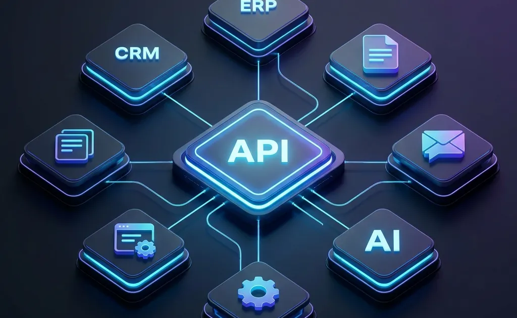 Leuchtende API-Zentrale, die CRM, ERP, Dokumente, Nachrichten und KI-Funktionen miteinander verbindet