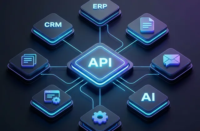 Leuchtende API-Zentrale, die CRM, ERP, Dokumente, Nachrichten und KI-Funktionen miteinander verbindet