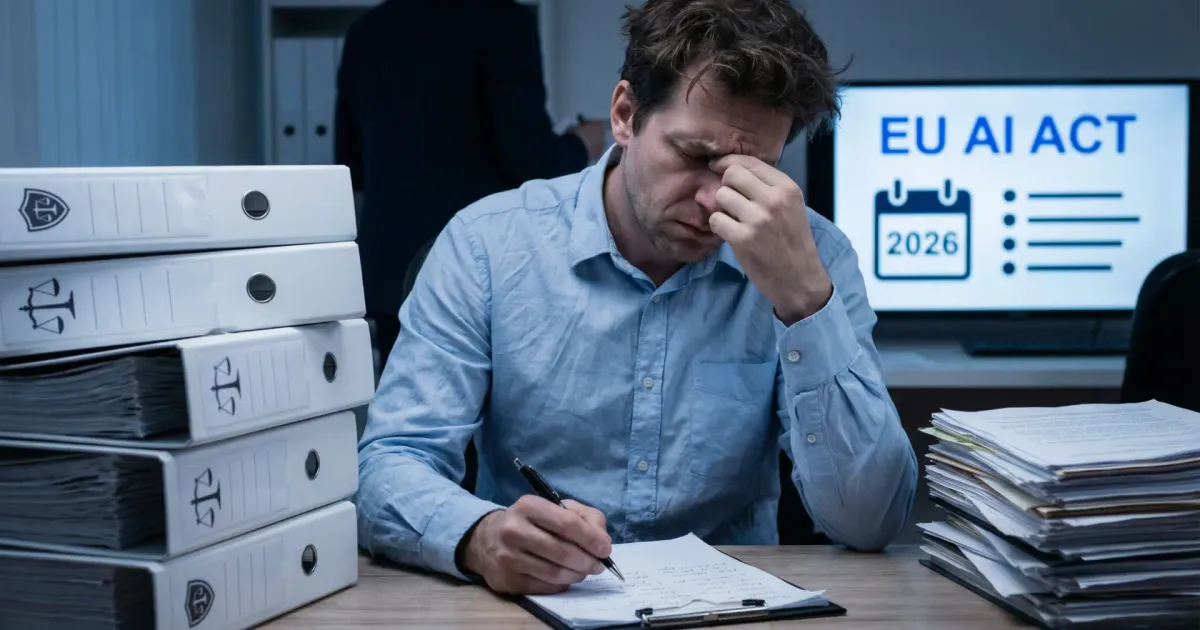 Symbolische Darstellung von KI-Regulierung in Europa, kombiniert mit Unternehmensprozessen