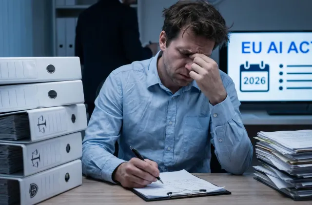 Symbolische Darstellung von KI-Regulierung in Europa, kombiniert mit Unternehmensprozessen