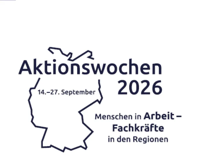Aktionswochen 2026 vom 14. bis 27. September: Menschen in Arbeit – Fachkräfte in den Regionen, mit dem Umriss Deutschlands.