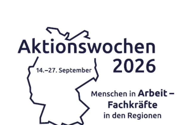 Aktionswochen 2026 vom 14. bis 27. September: Menschen in Arbeit – Fachkräfte in den Regionen, mit dem Umriss Deutschlands.