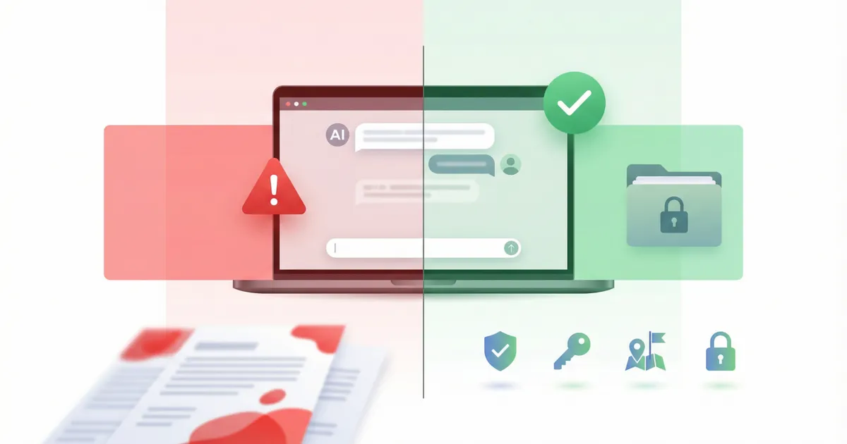 Illustration eines KI-Chats mit roter Risiko- und grüner Freigabe-Seite sowie Symbolen für Datenschutz und sichere Nutzung