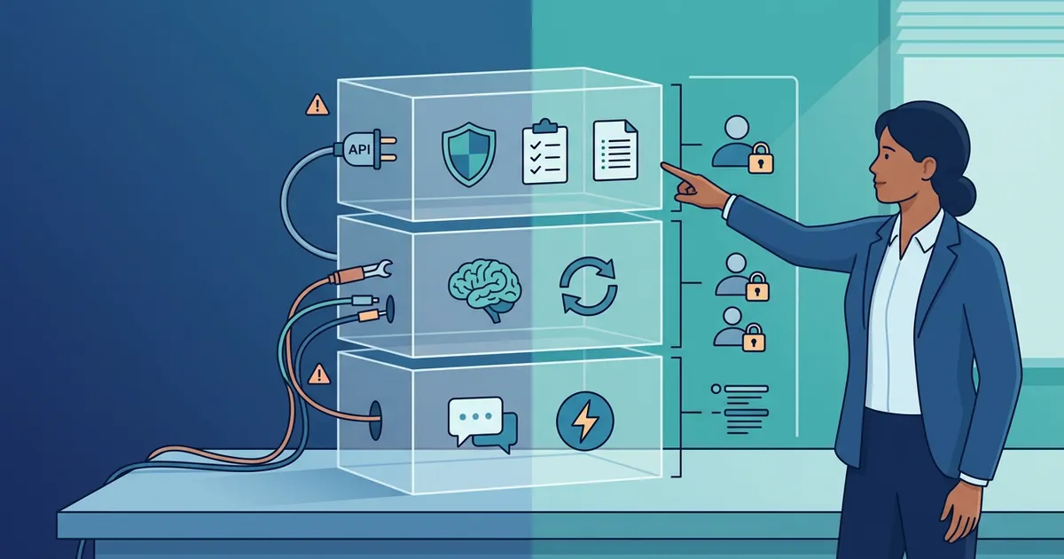 Illustration eines dreistufigen KI-Agenten-Stacks mit Schutzschild, Lernsymbolen, Checklisten und Rollenrechten