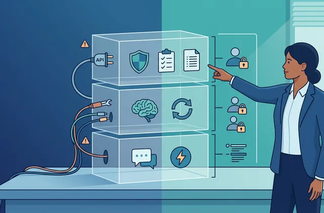Illustration eines dreistufigen KI-Agenten-Stacks mit Schutzschild, Lernsymbolen, Checklisten und Rollenrechten