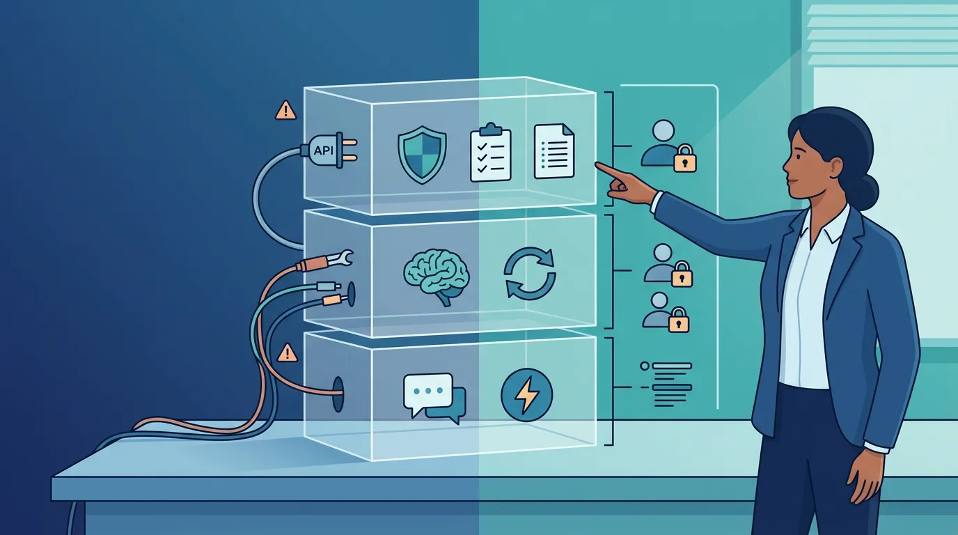 Illustration eines dreistufigen KI-Agenten-Stacks mit Schutzschild, Lernsymbolen, Checklisten und Rollenrechten