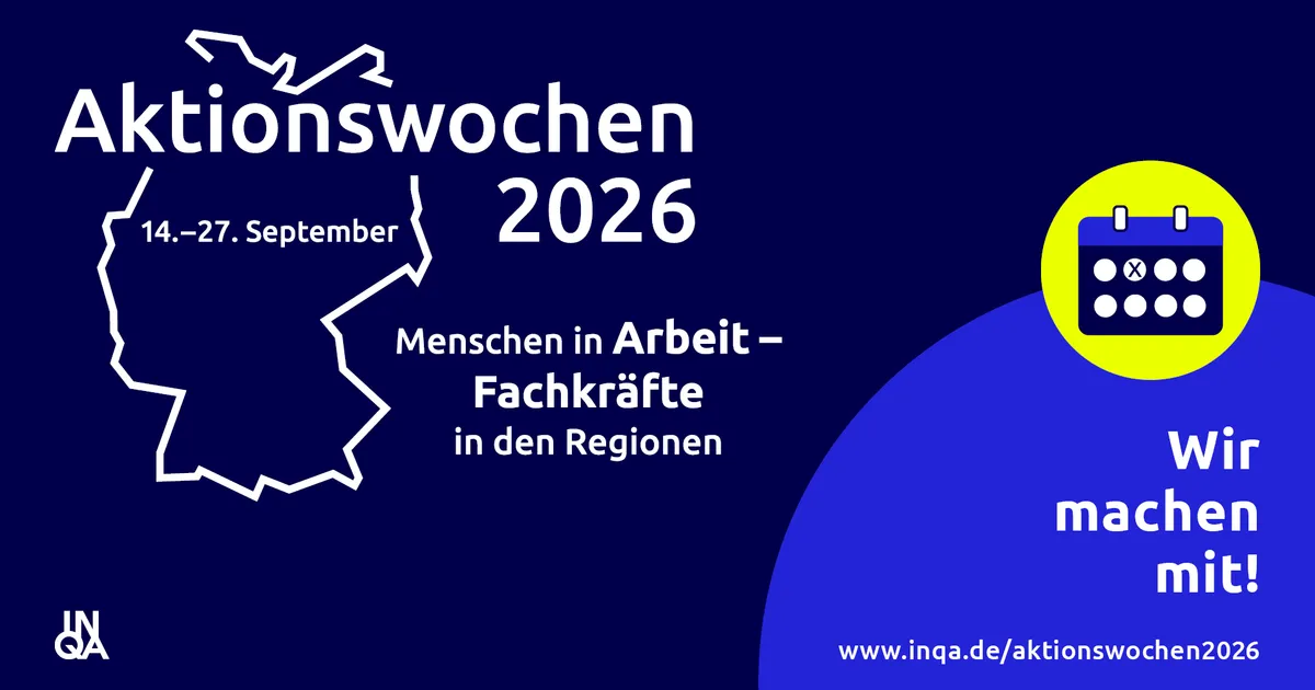 INQA-Aktionswochen 2026 vom 14. bis 27. September mit Deutschlandumriss, Kalendersymbol und dem Hinweis „Wir machen mit!“