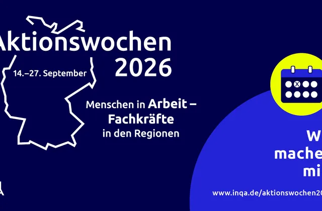 INQA-Aktionswochen 2026 vom 14. bis 27. September mit Deutschlandumriss, Kalendersymbol und dem Hinweis „Wir machen mit!“