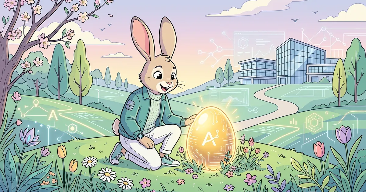 Illustration eines Hasen, der in einer Frühlingslandschaft ein leuchtendes KI-Osterei vor einem modernen Firmengebäude entdeckt