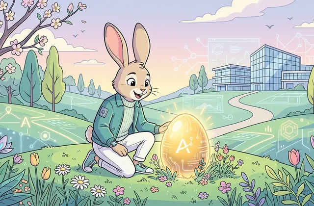 Illustration eines Hasen, der in einer Frühlingslandschaft ein leuchtendes KI-Osterei vor einem modernen Firmengebäude entdeckt