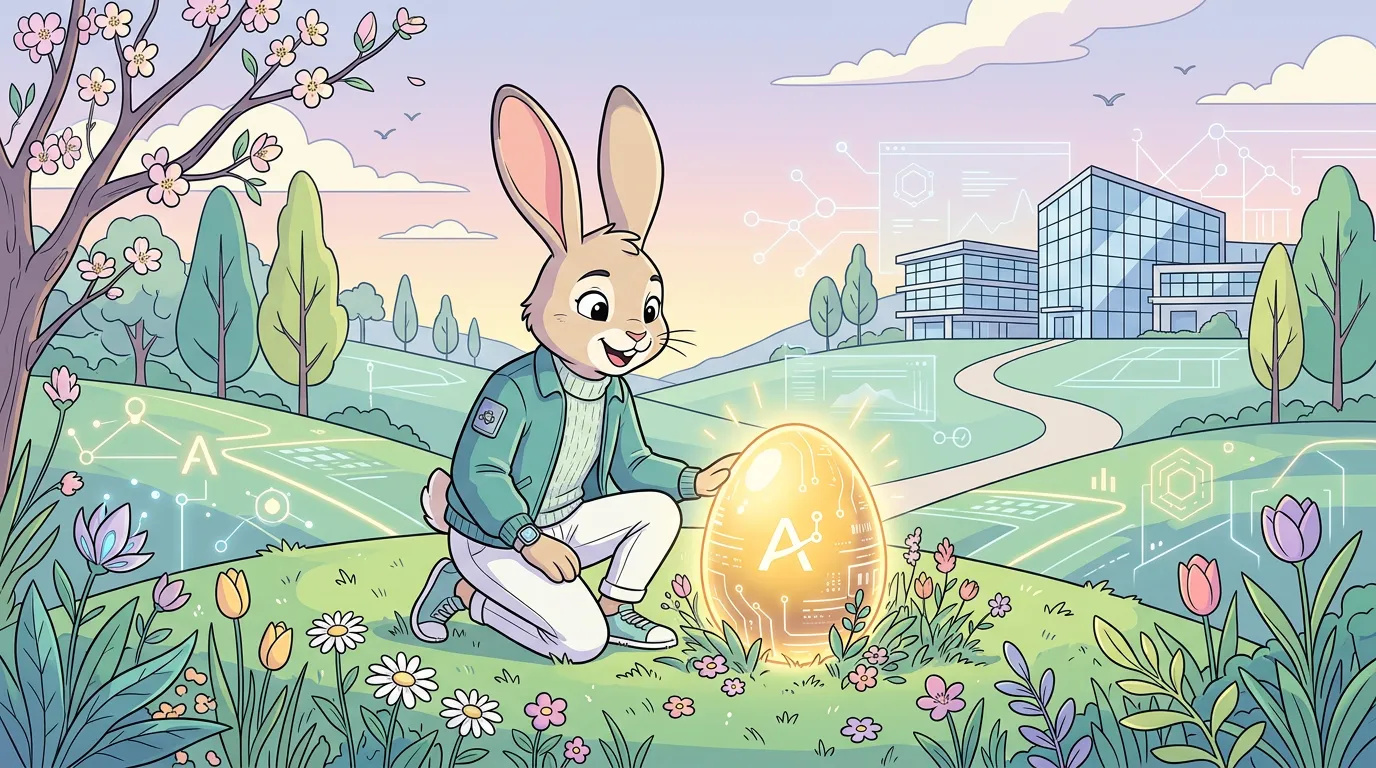 Illustration eines Hasen, der in einer Frühlingslandschaft ein leuchtendes KI-Osterei vor einem modernen Firmengebäude entdeckt