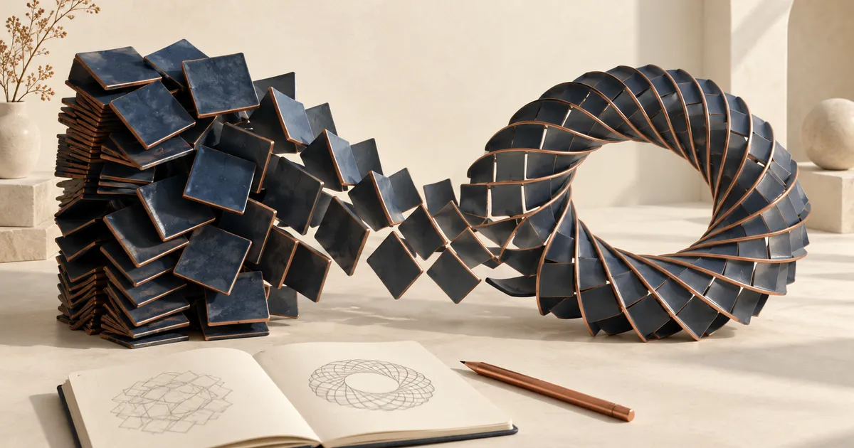 Dunkelblaue geometrische Kacheln öffnen sich von einem dichten Stapel zu einem regelmäßigen Ring, daneben ein aufgeschlagenes Notizbuch und ein kupferfarbener Stift