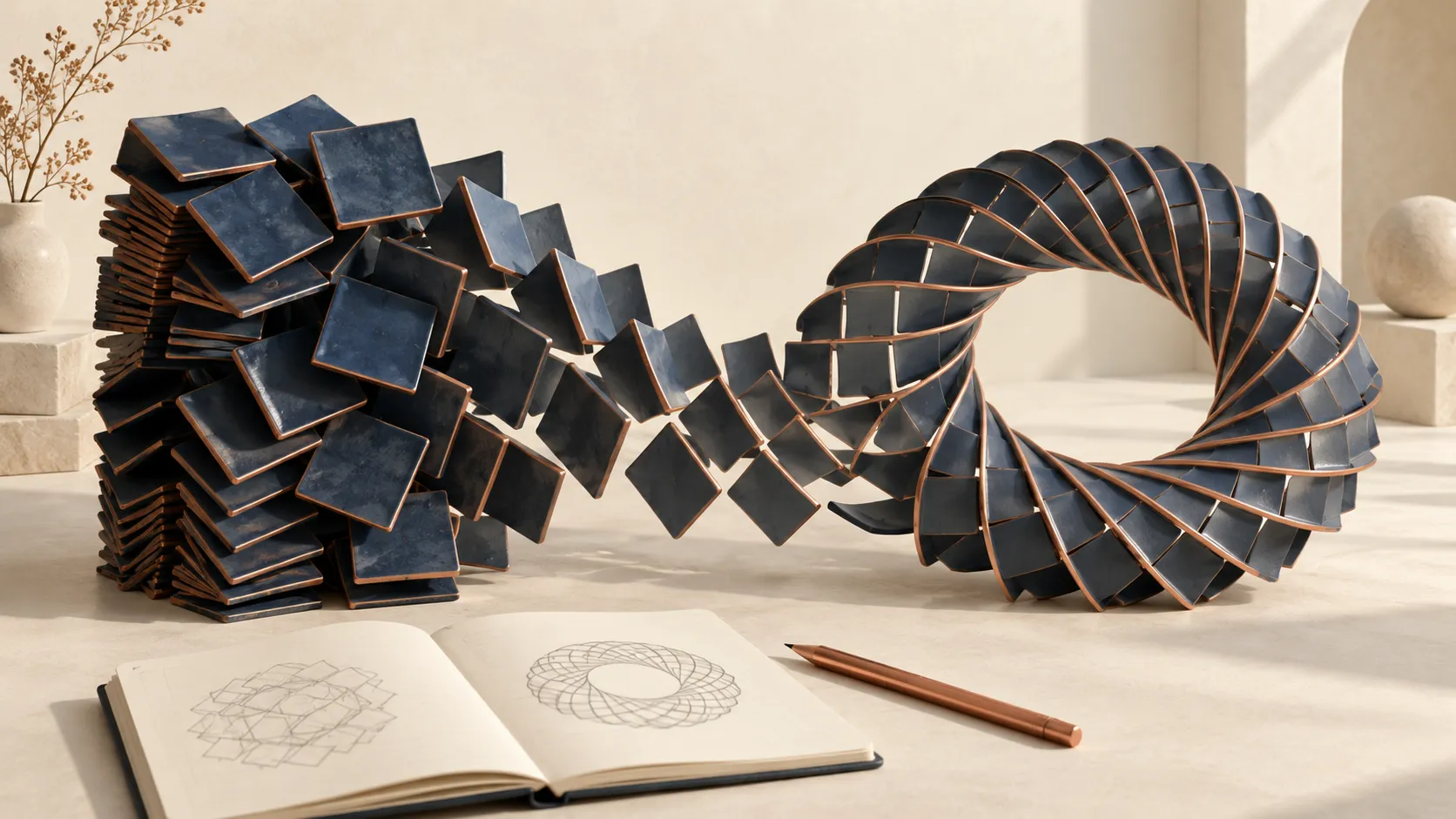 Dunkelblaue geometrische Kacheln öffnen sich von einem dichten Stapel zu einem regelmäßigen Ring, daneben ein aufgeschlagenes Notizbuch und ein kupferfarbener Stift