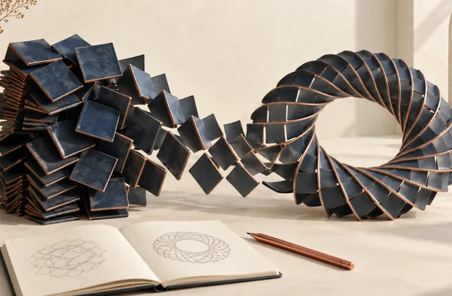 Dunkelblaue geometrische Kacheln öffnen sich von einem dichten Stapel zu einem regelmäßigen Ring, daneben ein aufgeschlagenes Notizbuch und ein kupferfarbener Stift