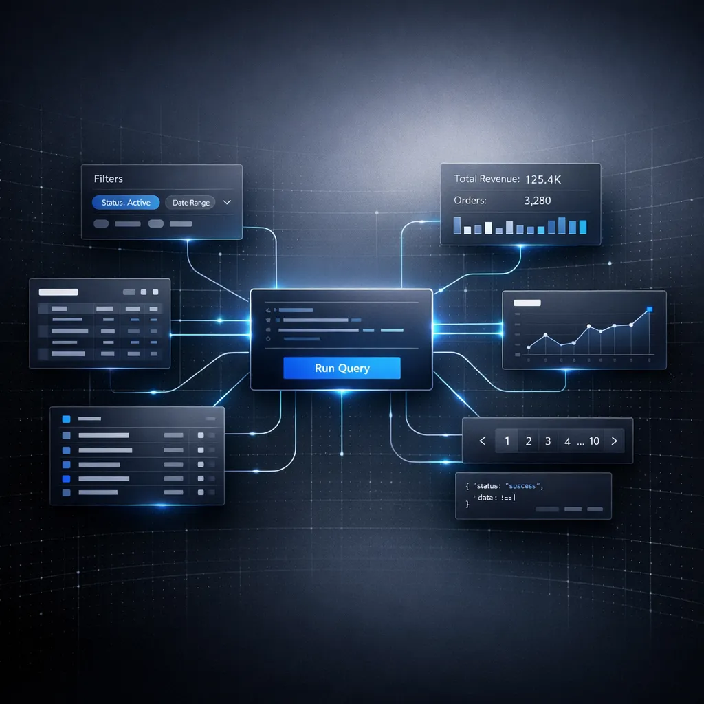 Ein zentrales Dynamic-Query-Panel, verbunden mit Filtern, Dashboards, Diagrammen und paginierten Ergebnissen