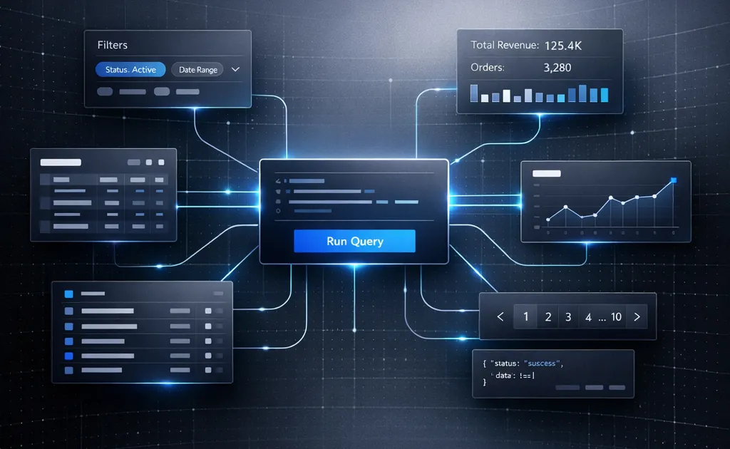 Ein zentrales Dynamic-Query-Panel, verbunden mit Filtern, Dashboards, Diagrammen und paginierten Ergebnissen