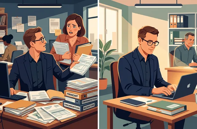 Geteilte Illustration einer Steuerkanzlei vor und nach der Einführung eines KI-Wissensassistenten