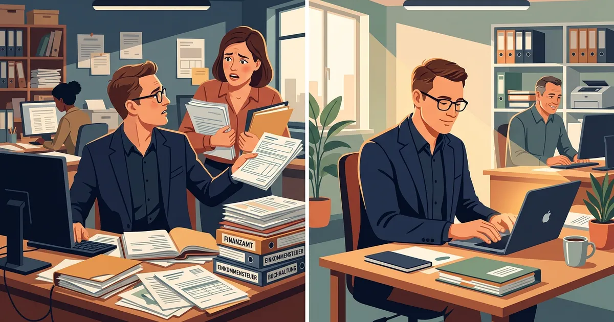 Geteilte Illustration einer Steuerkanzlei vor und nach der Einführung eines KI-Wissensassistenten