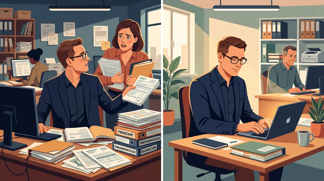 Geteilte Illustration einer Steuerkanzlei vor und nach der Einführung eines KI-Wissensassistenten