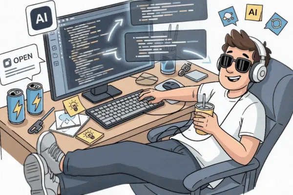 Illustration eines fokussierten Entwickler-Setups mit Terminal und reduziertem Tooling