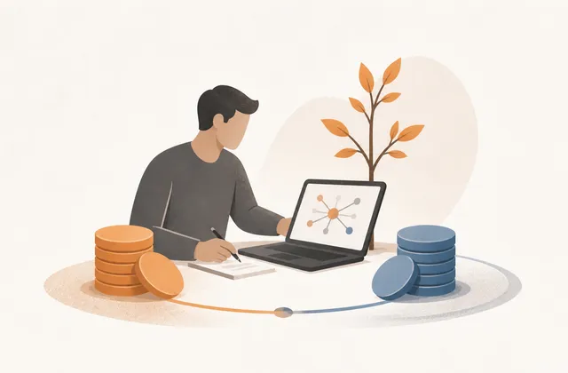 KI-generierte Illustration eines Mittelständlers, der ein KI-Projekt mit zwei gleich großen Finanzierungsanteilen vorbereitet