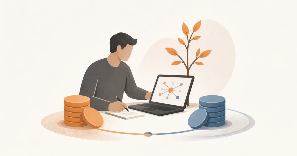 KI-generierte Illustration eines Mittelständlers, der ein KI-Projekt mit zwei gleich großen Finanzierungsanteilen vorbereitet