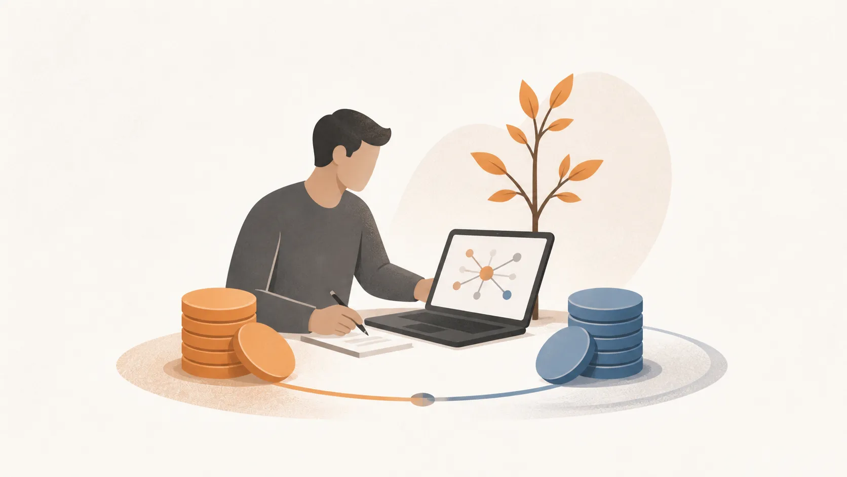 KI-generierte Illustration eines Mittelständlers, der ein KI-Projekt mit zwei gleich großen Finanzierungsanteilen vorbereitet