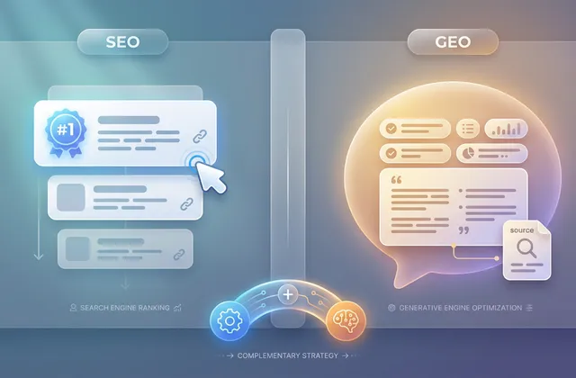 Illustration zu GEO statt SEO mit Suchfenster, KI-Antwortmodulen und strukturierten Content-Bausteinen
