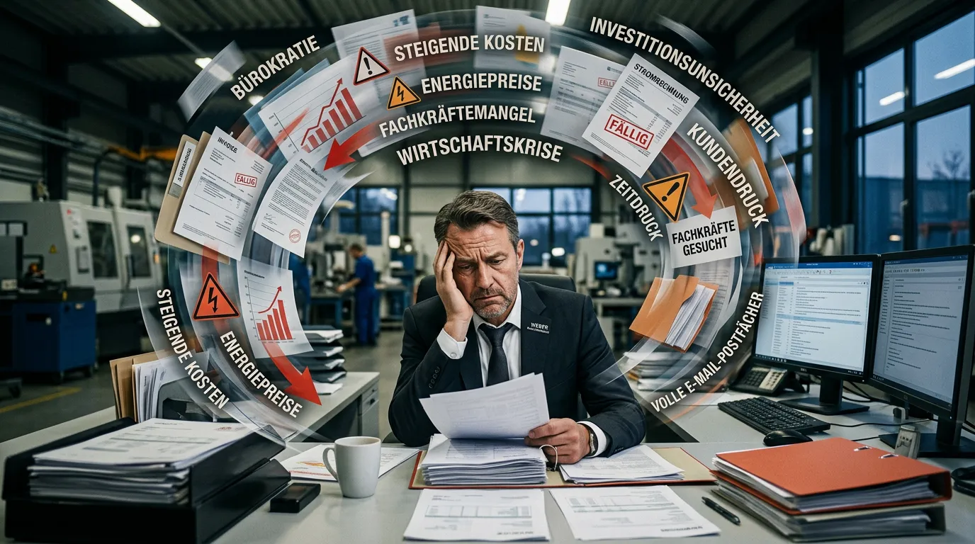 KI-generierte Darstellung eines mittelständischen Betriebs unter Druck durch Bürokratie, Kosten und Investitionsunsicherheit
