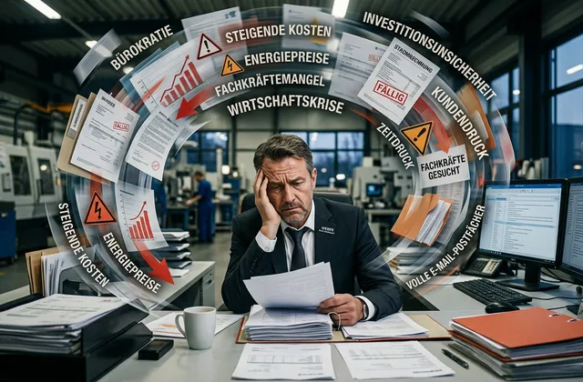 KI-generierte Darstellung eines mittelständischen Betriebs unter Druck durch Bürokratie, Kosten und Investitionsunsicherheit