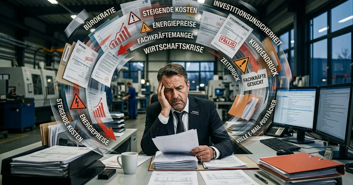 KI-generierte Darstellung eines mittelständischen Betriebs unter Druck durch Bürokratie, Kosten und Investitionsunsicherheit