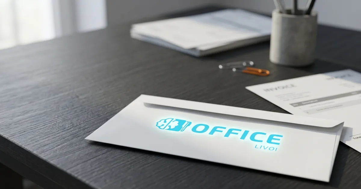 Briefumschlag mit LIVOI-Office-Logo neben Rechnungen auf einem Schreibtisch