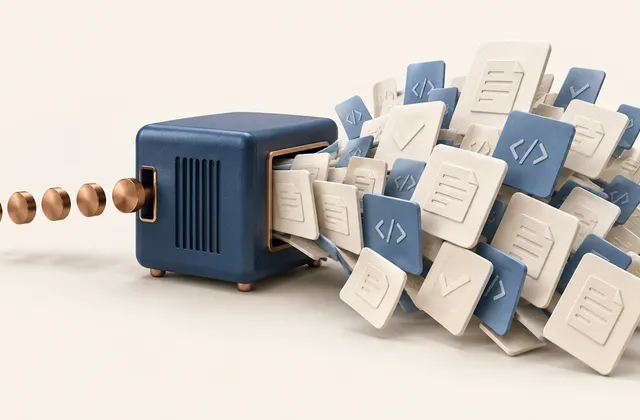 A compact blue computing module turns a small row of copper discs into an expanding stream of document and code tiles