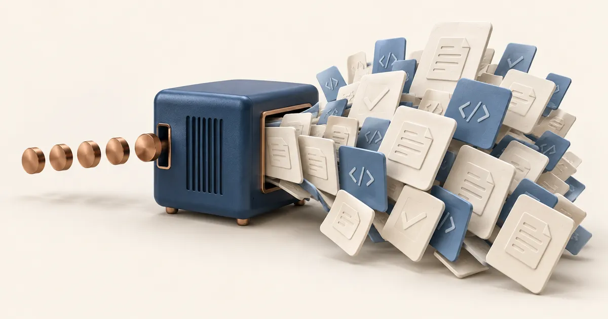 Ein kompaktes blaues Rechenmodul verwandelt eine kleine Reihe kupferfarbener Scheiben in einen wachsenden Strom von Dokument- und Codekacheln