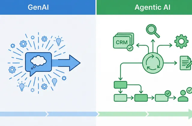 Illustration eines Teams, das von GenAI-Prompts zu kontrollierten AI-Agents und Workflows wechselt