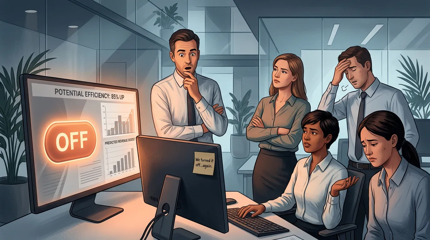 Illustration eines Teams im Büro, das Vertrauen und KI-Einführung im Unternehmen diskutiert