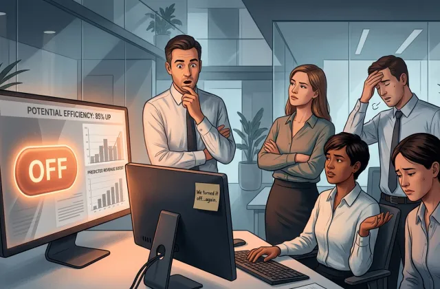 Illustration eines Teams im Büro, das Vertrauen und KI-Einführung im Unternehmen diskutiert