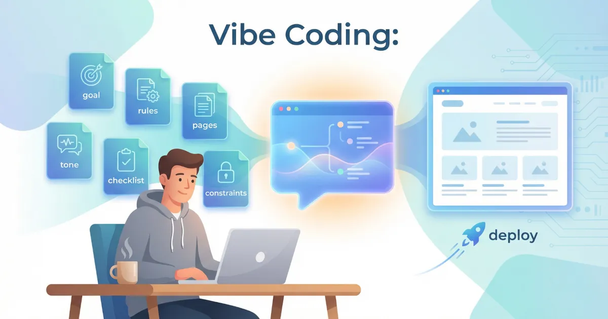 Illustration zu Vibe Coding mit Kontext-Bausteinen, Chatfenster und Website-Deployment
