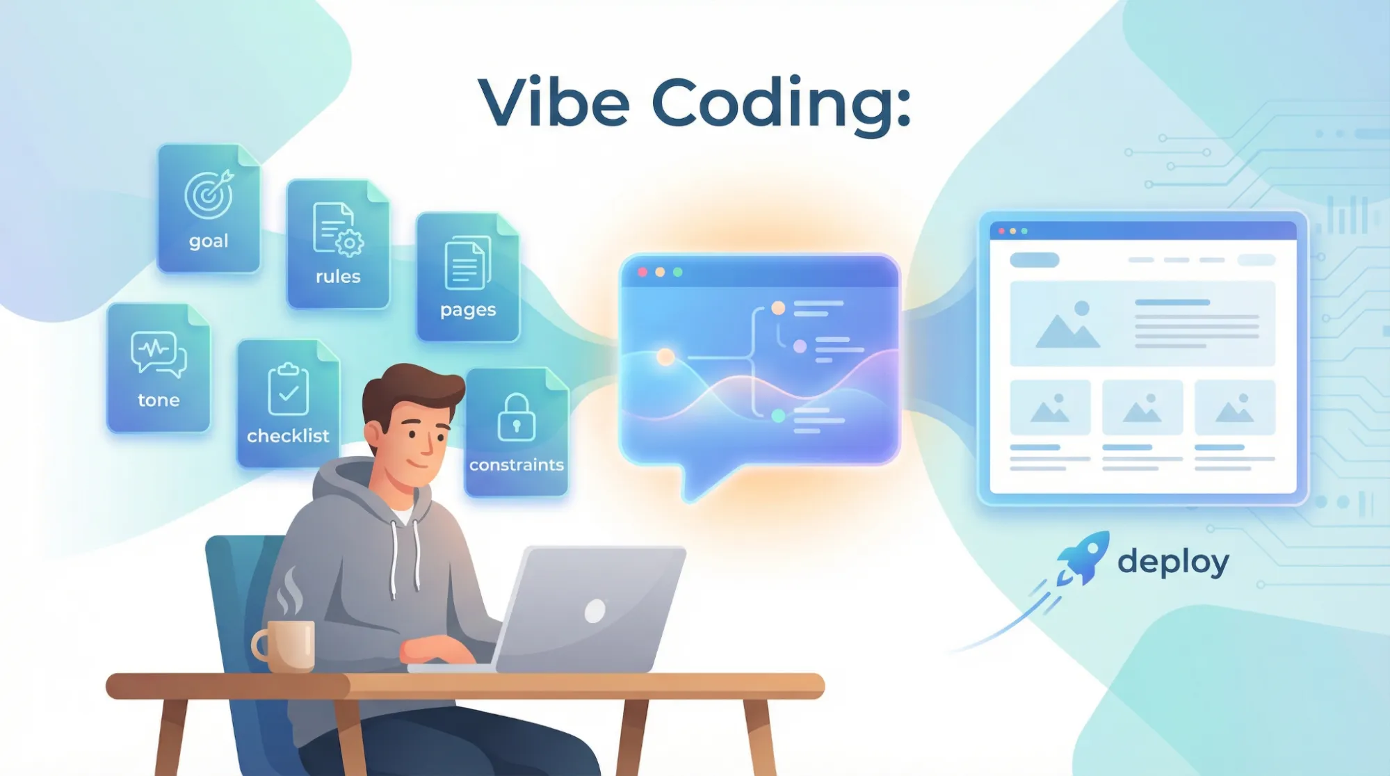 Illustration zu Vibe Coding mit Kontext-Bausteinen, Chatfenster und Website-Deployment