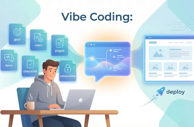 Illustration zu Vibe Coding mit Kontext-Bausteinen, Chatfenster und Website-Deployment