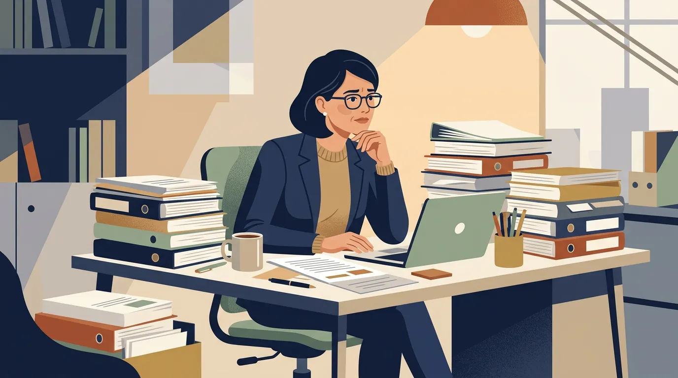 Illustration einer nachdenklichen Kanzleiinhaberin zwischen Aktenordnern, Laptop und Dokumenten