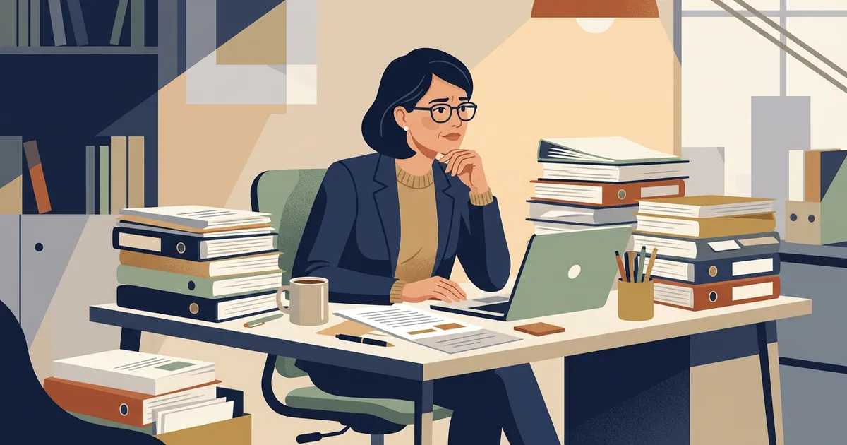 Illustration einer nachdenklichen Kanzleiinhaberin zwischen Aktenordnern, Laptop und Dokumenten