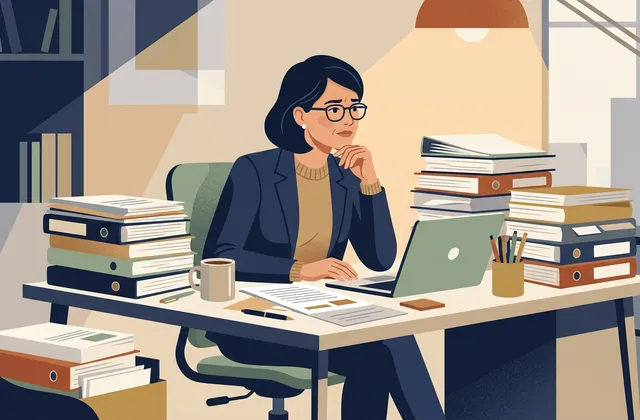 Illustration einer nachdenklichen Kanzleiinhaberin zwischen Aktenordnern, Laptop und Dokumenten