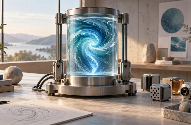 Konzeptillustration eines blauen Flüssigkeitswirbels in einer Glaskammer mit modularem Metallrahmen und austauschbaren Bauteilen