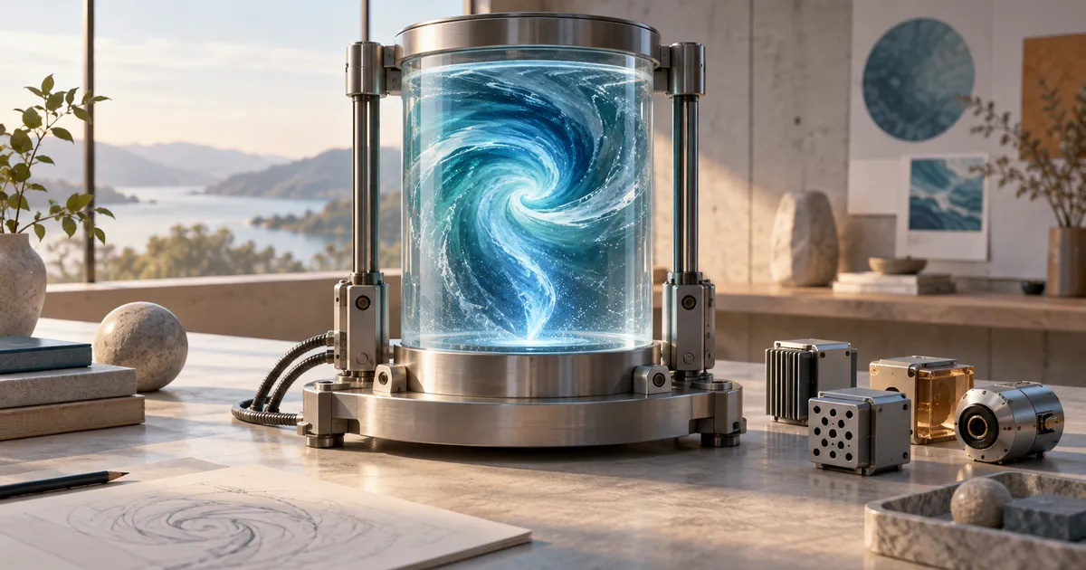 Konzeptillustration eines blauen Flüssigkeitswirbels in einer Glaskammer mit modularem Metallrahmen und austauschbaren Bauteilen