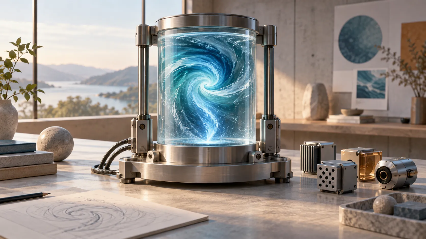Konzeptillustration eines blauen Flüssigkeitswirbels in einer Glaskammer mit modularem Metallrahmen und austauschbaren Bauteilen