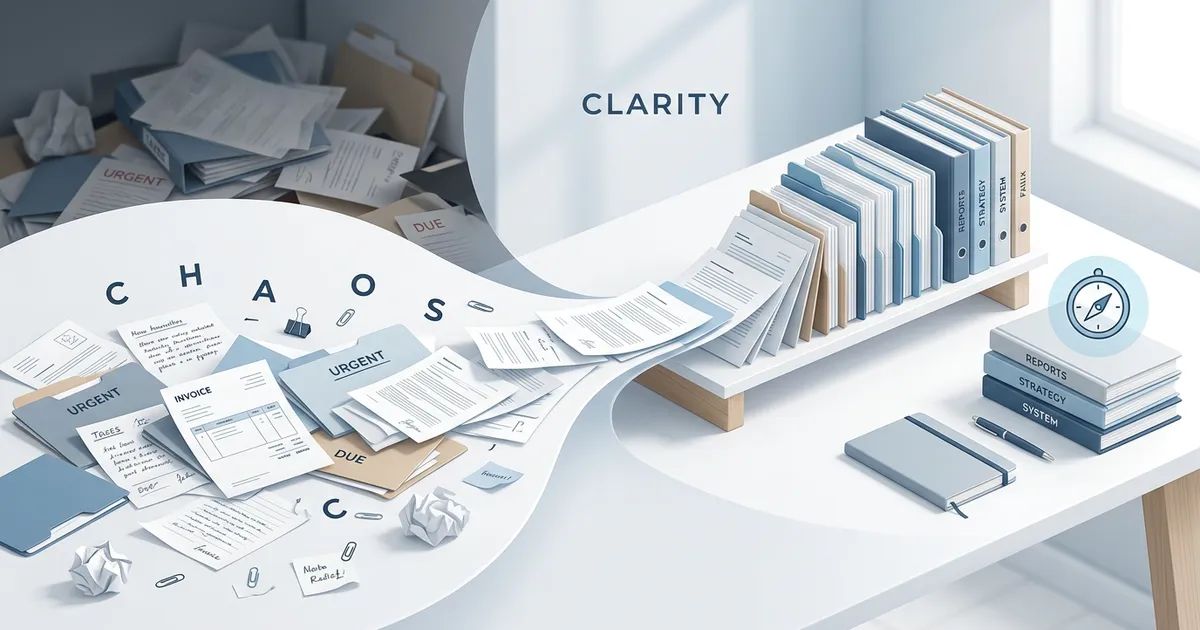 Illustration von chaotischen Papierstapeln, die in eine geordnete Dokumentenablage übergehen