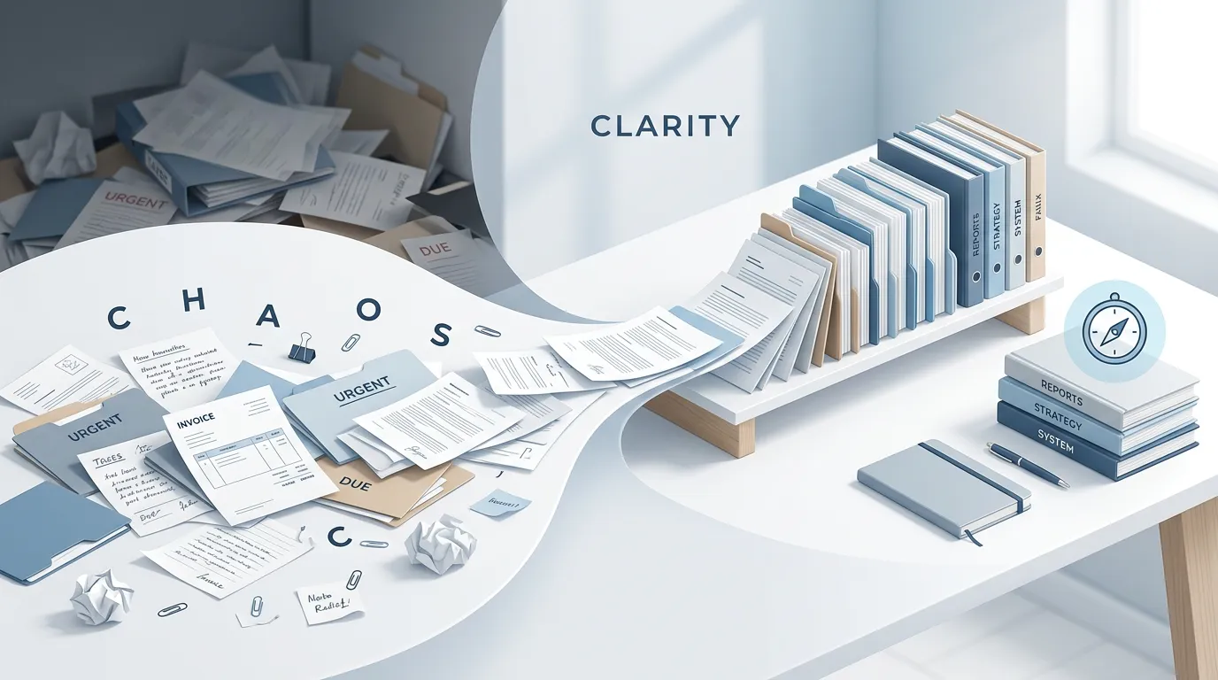 Illustration von chaotischen Papierstapeln, die in eine geordnete Dokumentenablage übergehen