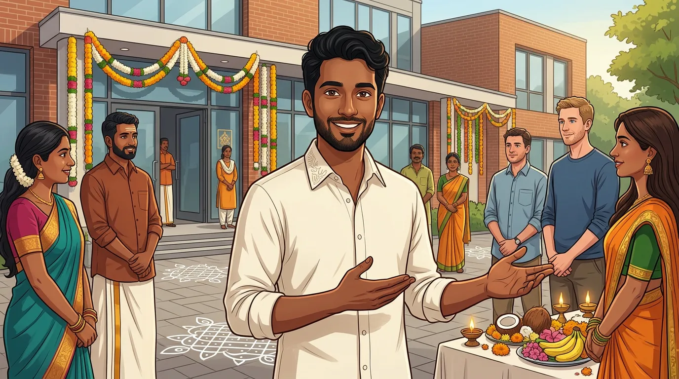 Illustration eines tamilischen Guides, der bei einem festlich geschmückten Tempelritual Besucherinnen und Besuchern kulturelle Hintergründe erklärt