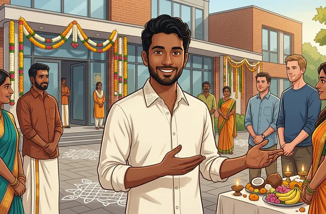 Illustration eines tamilischen Guides, der bei einem festlich geschmückten Tempelritual Besucherinnen und Besuchern kulturelle Hintergründe erklärt